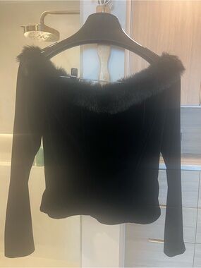 Alex Evenings Black Velvet Top with Faux Fur Trim